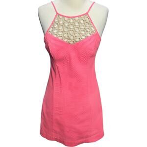 Lilly Pulitzer Larina Shift Dress Womens 00 Pink Sun Ray Lace Yoke Fitted Flirty